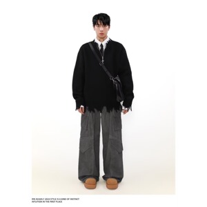 【网59】破坏毛衣男时尚痞帅宽松情侣毛边针织衫A079--M29-P47图片