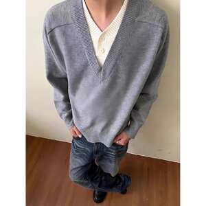 25假两件v领毛衣男秋季t美式覆古polo针织打底衫A079-9572-P55图片