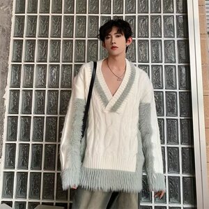 【202】撞色拼接毛衣男秋冬马海毛v领针织衫上衣潮A079-X049-P59图片