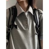 [003]假两件条纹polo领短袖t恤女宽松休闲百搭上衣A079-D902-P37，男装T恤，电商A079