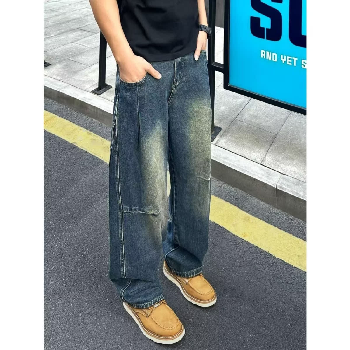 [008]宽松水洗牛仔裤男士休闲长裤男装阔腿弯刀裤A079-N922-P47,男装牛仔裤,电商A079