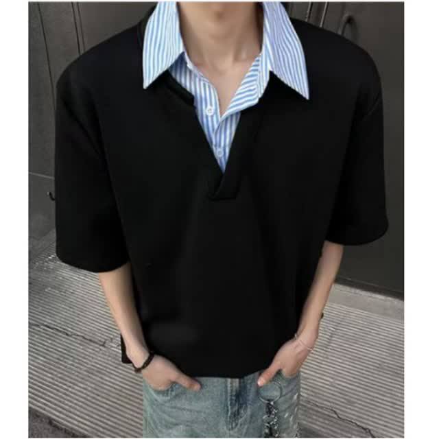 [012]假两件衬衫领短袖男宽松拼接T恤半袖Polo衫A079-D915-P33图片