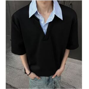 [012]假两件衬衫领短袖男宽松拼接T恤半袖Polo衫A079-D915-P33图片