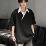 [003]假两件正肩POLO衫男翻领条纹衬衫领拼接短袖T恤A079-T67-P34，男装T恤，电商A079