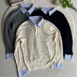 【网5】绞花假两件拼接条纹polo领毛衣男A079-MY407-P57，男装针织衫/毛衣，电商A079