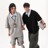 [003假两件拼接polo领短袖男宽松衬衫百搭情侣A079-D915-P33，男装T恤，电商A079