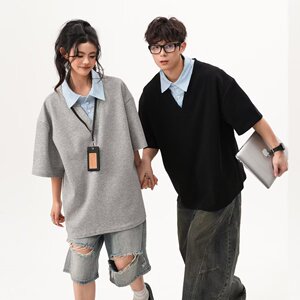 [003假两件拼接polo领短袖男宽松衬衫百搭情侣A079-D915-P33图片