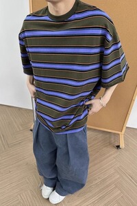 [003]宽松T恤I葡萄紫色条纹短袖T恤情侣小众 A079-T09-P35图片