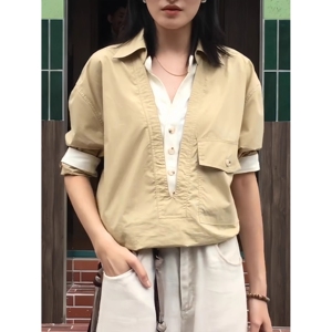 【网3】25假两件V领衬衫男女款休闲宽松衬衣外套A079-CS105-P42图片
