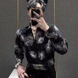 [006]印花烫钻长袖衬衫男士时尚潮流垂感宽松衬衣A079-CS225-P43，男装衬衫，电商A079