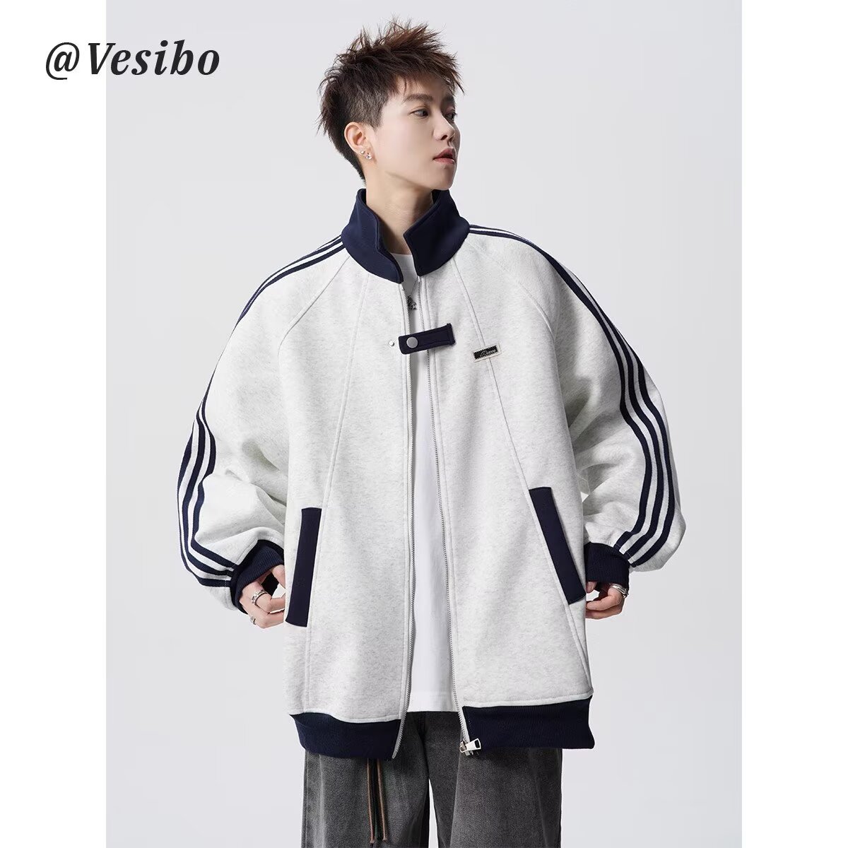 【001】5加绒加厚拼接运动夹克三条杠开衫卫衣A079-5017加绒-P51,男装夹克,电商A079