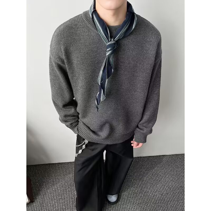 【网41】撞色灰色圆领针织毛衣男A079-M5807-P55,男装针织衫/毛衣,电商A079