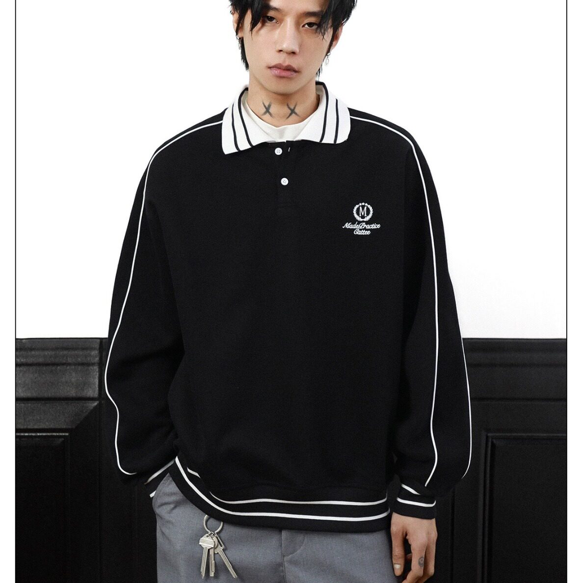 [012]刺绣翻领套头卫衣男拼接插肩袖POLO衫外套A079-Y287-P45,男装Polo衫,电商A079