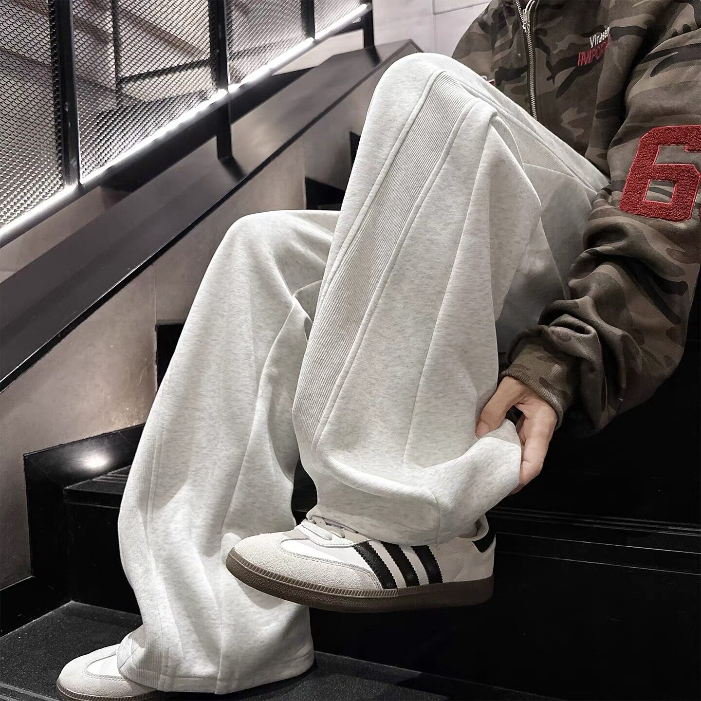 白灰色运动休闲裤男秋美直筒长裤潮牌拼接阔腿裤A079-W28-P31，男装休闲裤，电商A079