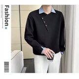【网59】25假两件撞色拼接衬衫领长袖T恤男款A079-D640-P43，男装T恤，电商A079