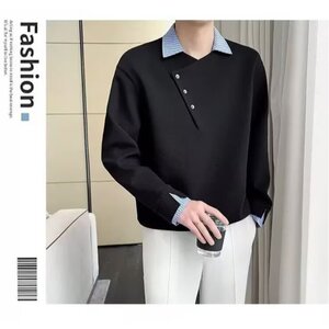 【网59】25假两件撞色拼接衬衫领长袖T恤男款A079-D640-P43图片