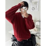 【126】羊毛复古麻花毛衣男宽松酒红色针织上衣A079-MY018-P51，男装针织衫/毛衣，电商A079