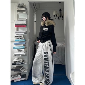【002】做旧字母印花条纹弯刀卫裤男女情侣款A079-K5368-P57图片