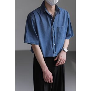 [006]水洗牛仔衬衫男短袖休闲工装口袋蓝色衬衣A079-C917-P45图片