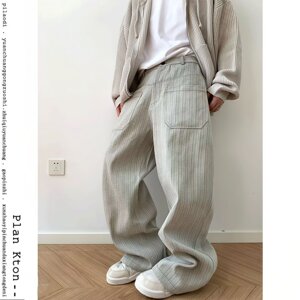 【008】灰色百搭竖条纹字母印花宽松直筒牛仔裤男A079-B055-P57图片