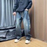 [008]拼接弯刀牛仔裤男ins潮牌宽松阔腿裤高街长裤A079-B833-P51，男装牛仔裤，电商A079