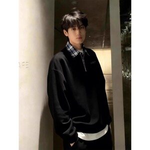 [004]撞色拼接假两件卫衣男半拉链上衣衬衫领polo衫A079-W19-P42图片