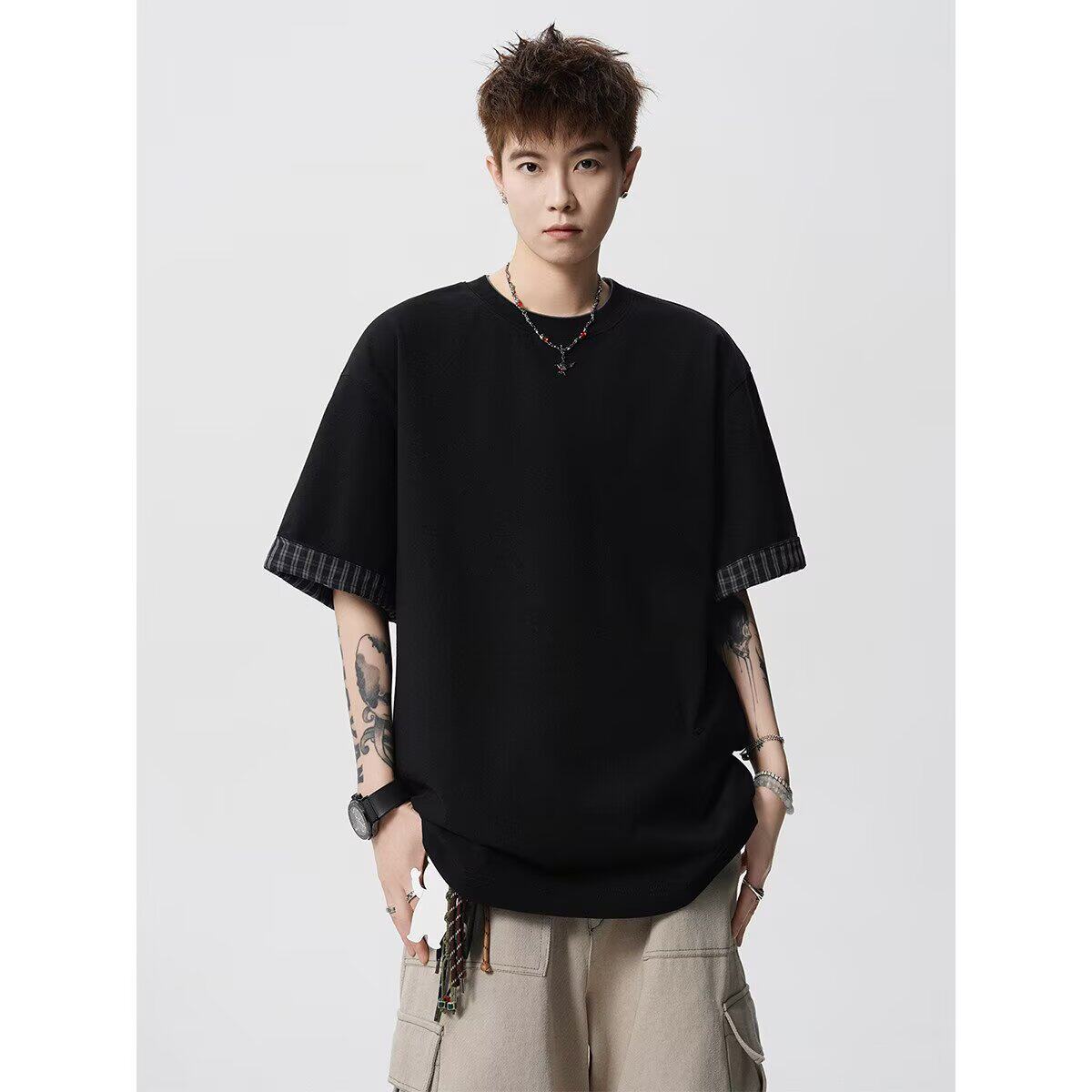[003]约假两件圆领短袖t恤男款大码宽松百搭上衣A079-S241-P30,男装T恤,电商A079