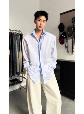 蓝色假两件条纹拼接长袖衬衫男秋季A079-CS01-P45【网络图3】