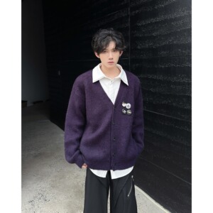 2025紫色百搭V领针织开衫男女秋冬新款宽松毛衣外套A079-9802-P58图片