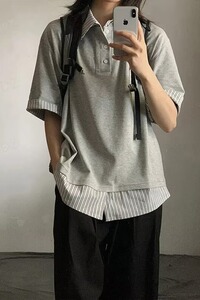 [003]假两件条纹polo领短袖t恤女宽松休闲百搭上衣A079-D902-P37图片