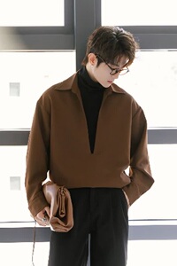 【网137】假两件男长袖宽松拼接大V领衬衣外套A079-C02-P49图片