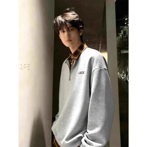 [004]撞色拼接假两件卫衣男半拉链上衣衬衫领polo衫A079-W19-P42图片