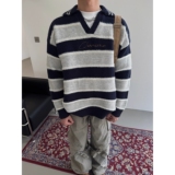 【网7】撞色v领针织衫翻领毛衣男潮流宽松A079-MY9818-P58，男装针织衫/毛衣，电商A079