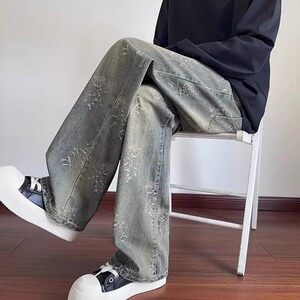 【网65】休闲痞帅水洗复古泼墨牛仔裤男直筒宽松A079-D778-P40图片