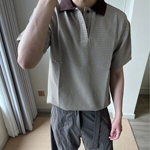 夏季男士高级感撞色千鸟格翻领polo衫短袖商务休闲时尚百搭T恤图片