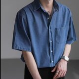 [006]水洗牛仔衬衫男短袖休闲工装口袋蓝色衬衣A079-C917-P45，男装T恤，电商A079