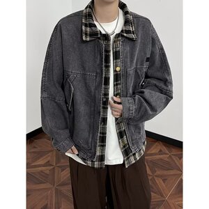 【网54】2025秋冬款假两件格子工装牛仔外套男士A079-2583-P77,男装工装外套,电商A079