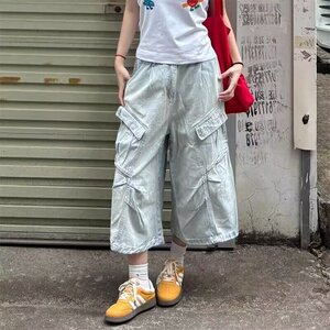 [008]牛仔短裤男女夏多口袋裤子宽松水洗阔腿七分裤A079-B026-P44图片