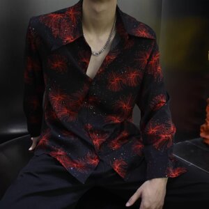 [006]印花烫钻长袖衬衫男士时尚潮流垂感宽松衬衣A079-CS225-P43，男装衬衫，电商A079