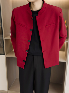 [001]酒红色垫肩立领短款西装外套男夹克西服男A079-XK42-P57