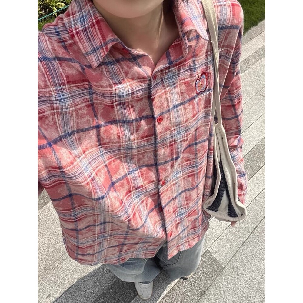 【网3】刺绣格子衬衫男女秋季长袖翻领衬衣A079-CS106-P42,男装衬衫,电商A079