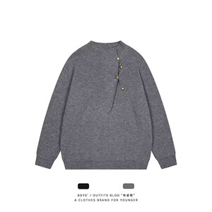 【001】5不规则纽扣设计感高领毛衣男针织衫上衣A079-MY140-P75图片