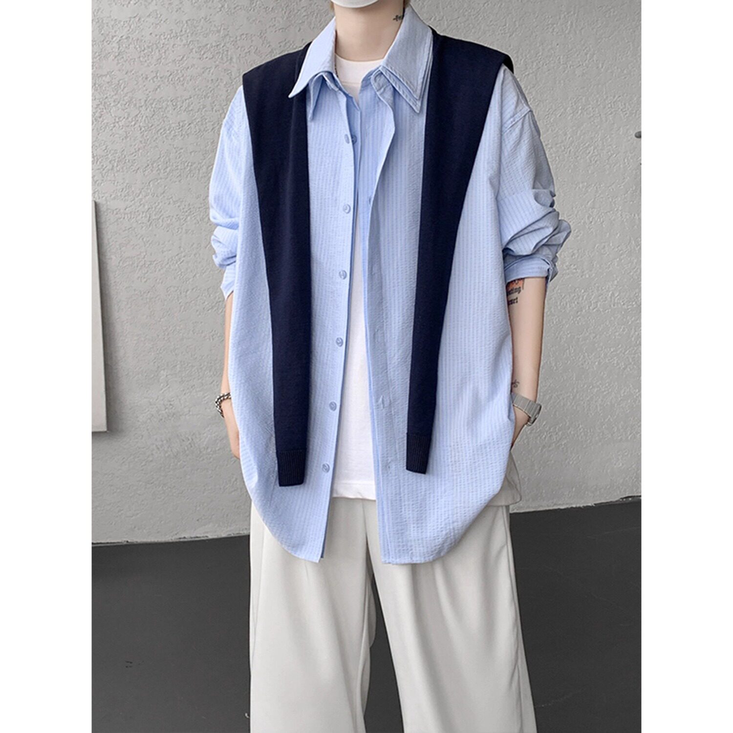 【网52】复古披肩蓝色条纹刺绣长袖衬衫A079-C191-P62,男装衬衫,电商A079