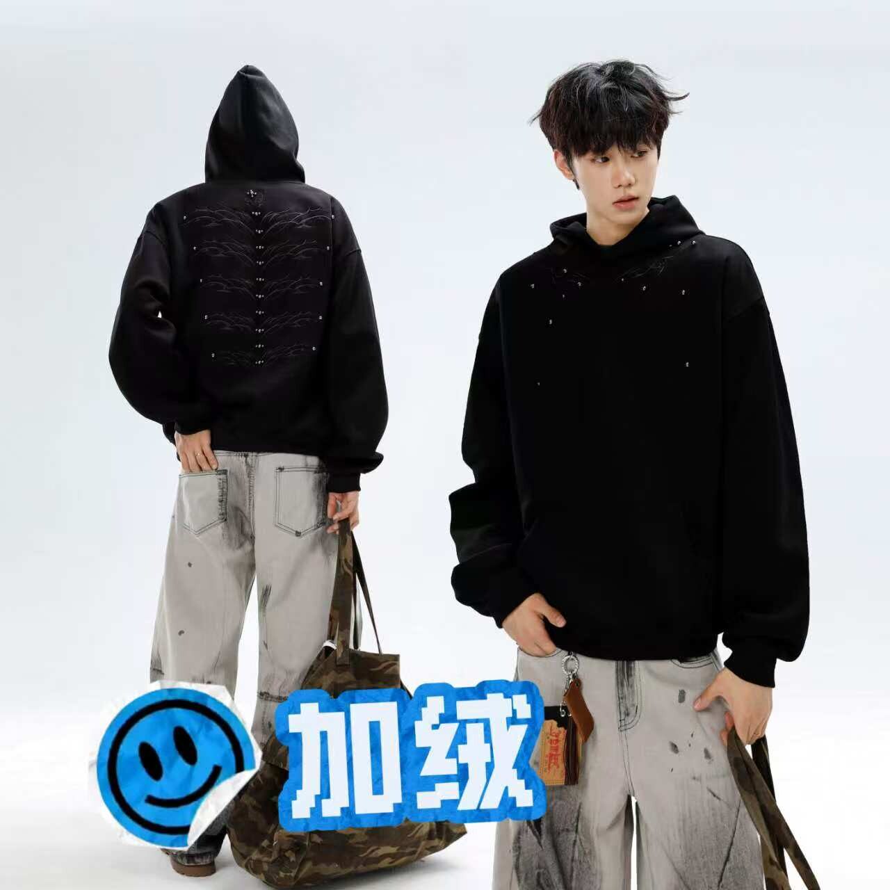 【001】钉珠刺绣设计连帽卫衣男女宽松休闲帽衫A079-Y7450-P56,男装卫衣,电商A079