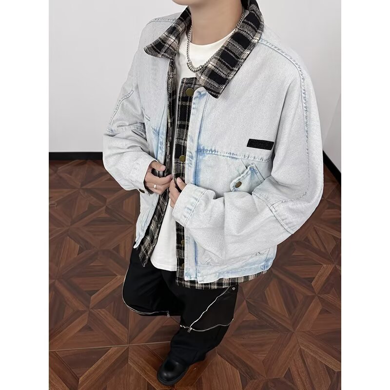 【网54】秋冬款假两件格子工装牛仔外套男士A079-2583-P77，男装工装外套，电商A079
