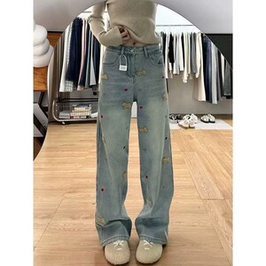 【002】小狗刺绣牛仔裤时尚宽松小众阔腿长裤潮A079-S748常规-P46图片