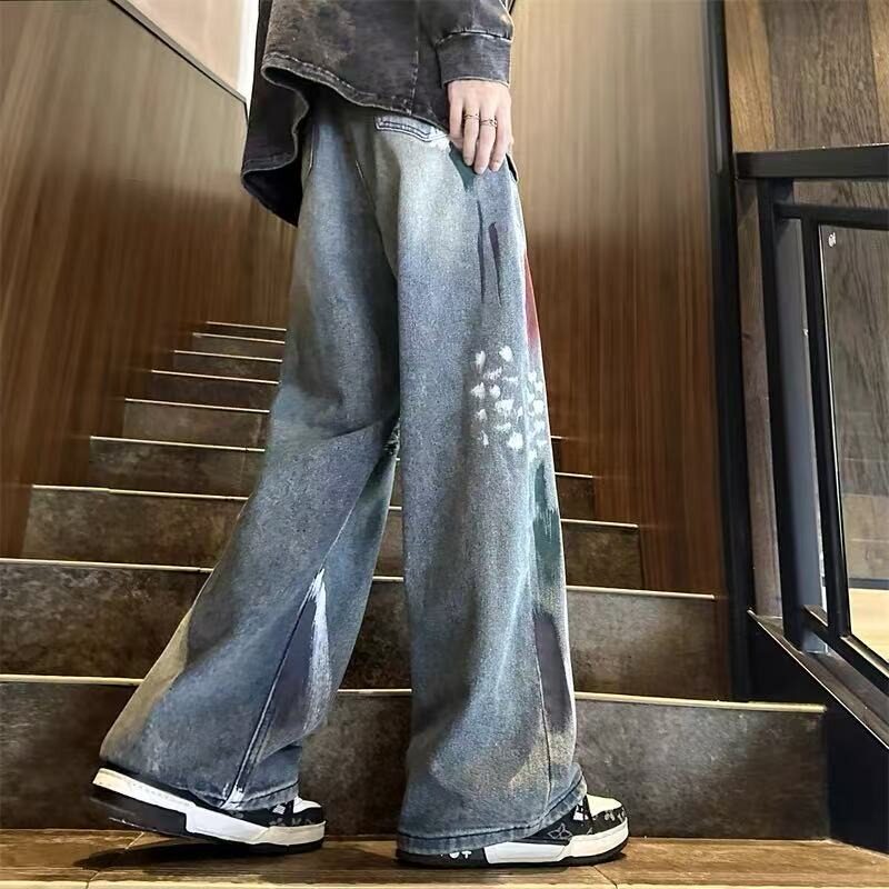 【008】美式高街牛仔裤男涂鸦破洞阔腿长裤A079-N1070-P44,男装牛仔裤,电商A079