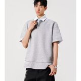 [003]假两件条纹polo领短袖t恤女宽松休闲百搭上衣A079-D902-P37，男装T恤，电商A079