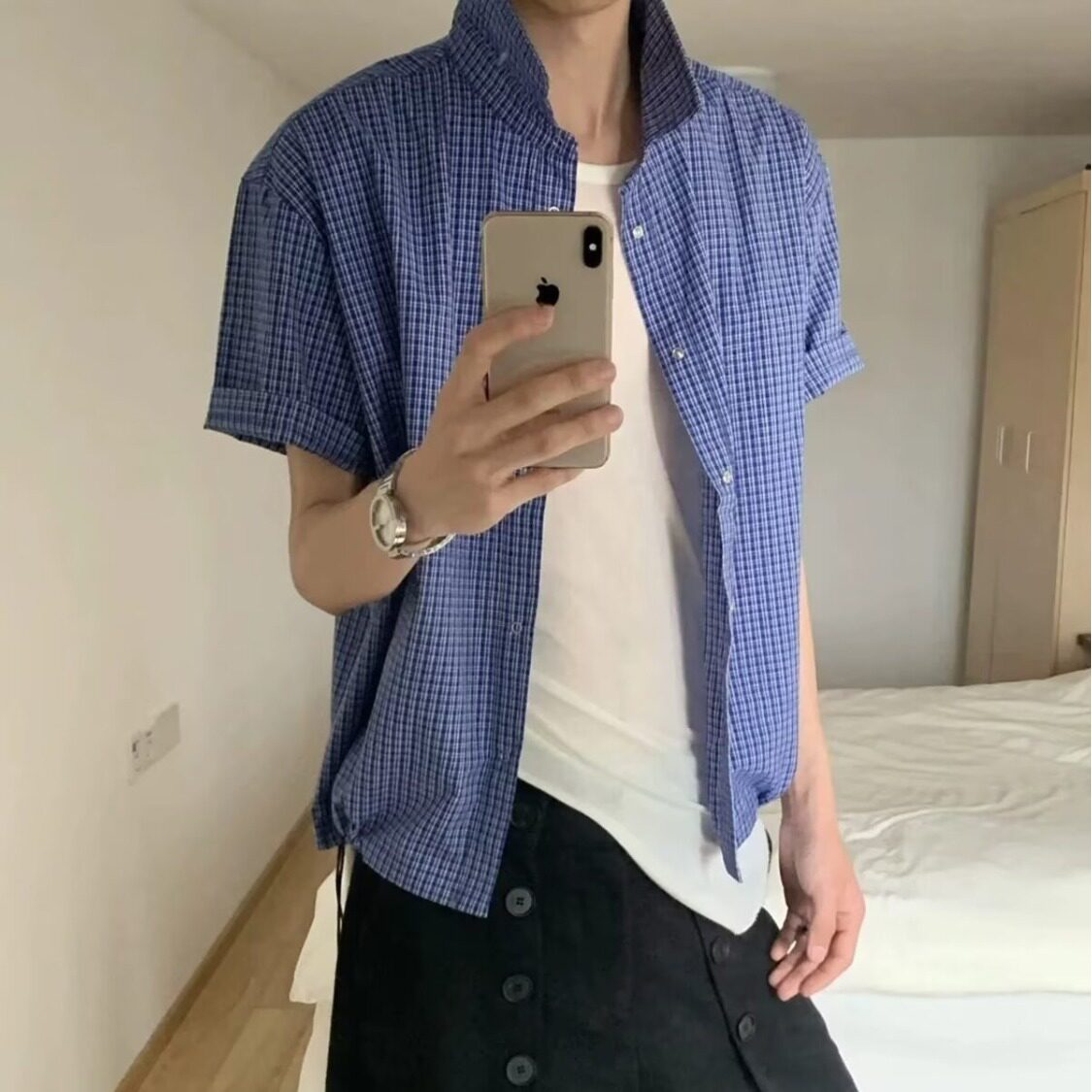 [006]蓝色格纹衬衫男下摆抽绳短宽翻领衬衣A079-C405-P35,男装衬衫,电商A079
