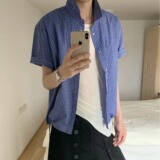 [006]蓝色格纹衬衫男下摆抽绳短宽翻领衬衣A079-C405-P35，男装衬衫，电商A079